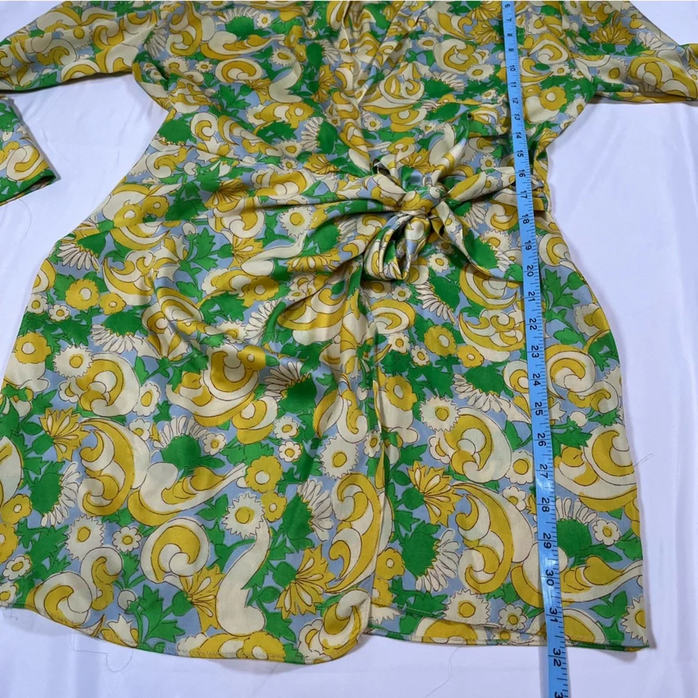 Zara Satin Wrap Yellow Green Floral Paisley‎ Influencer Baddie Mini Dress Size - Picture 7 of 8